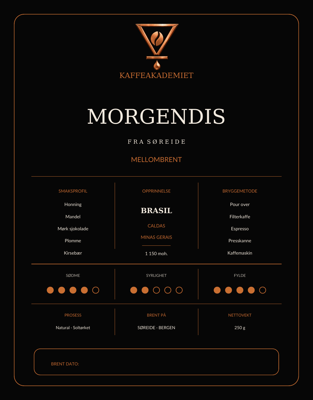 Morgendis-etiketten med smaksprofil, opprinnelse, brennegrad og smaksskala.
